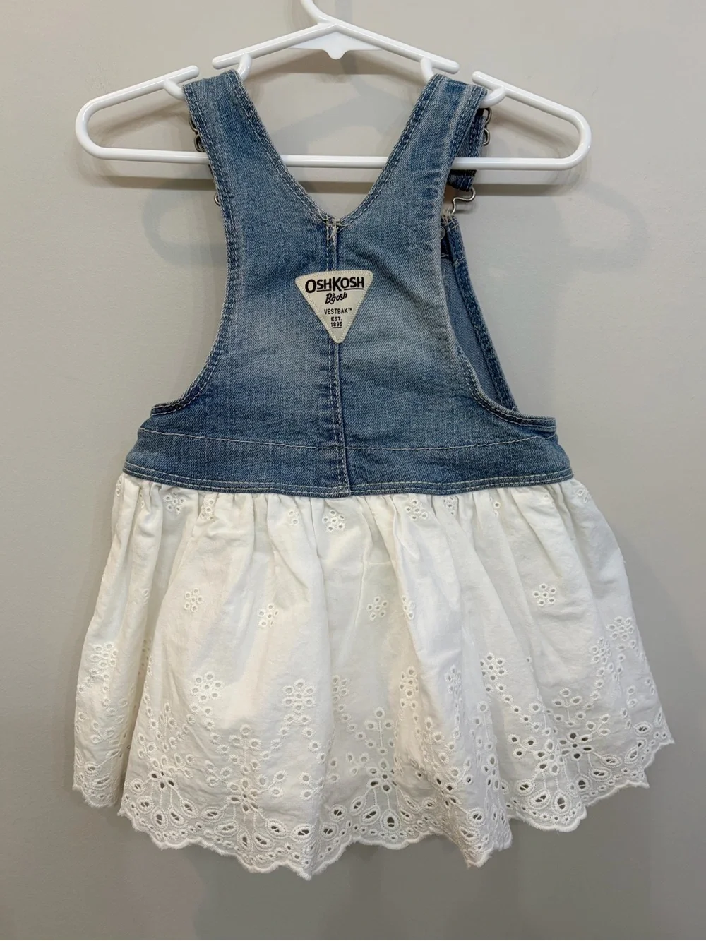 Osh Kosh B’Gosh Denim Overall Lace Dress Sz 18 Mo Vestbak White Eyelet Bottom